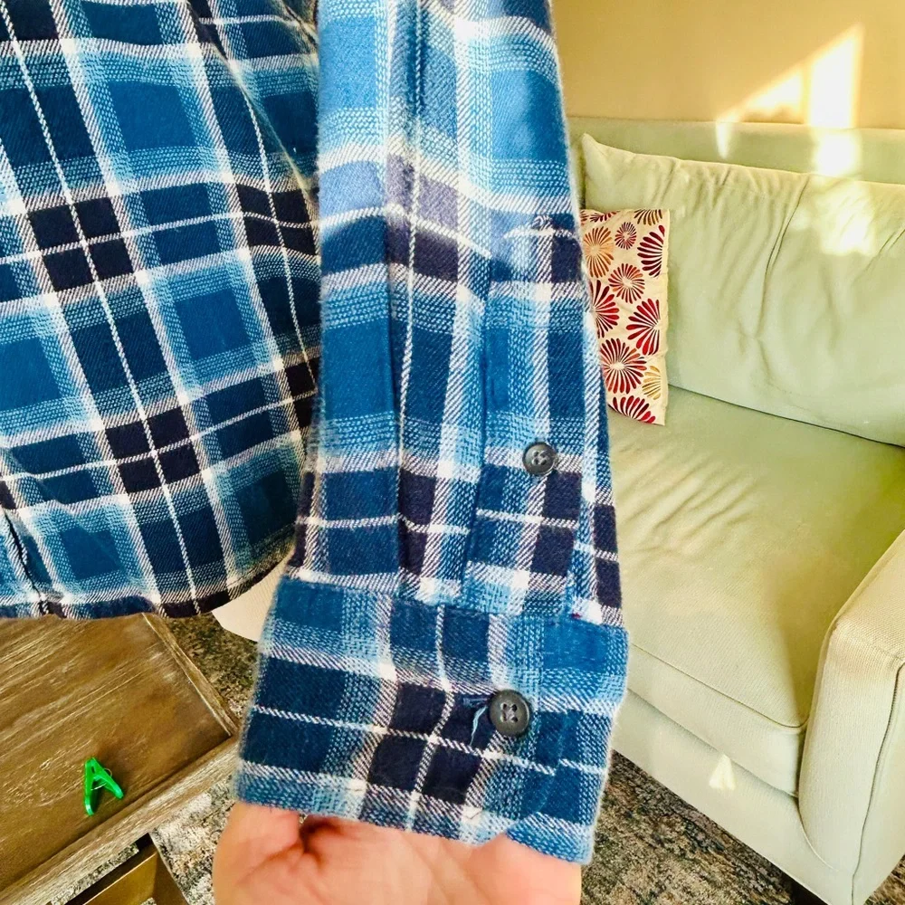 Old Navy Girls Size XL 14/16 Blue Plaid Flannel Shirt Stretch Cotton